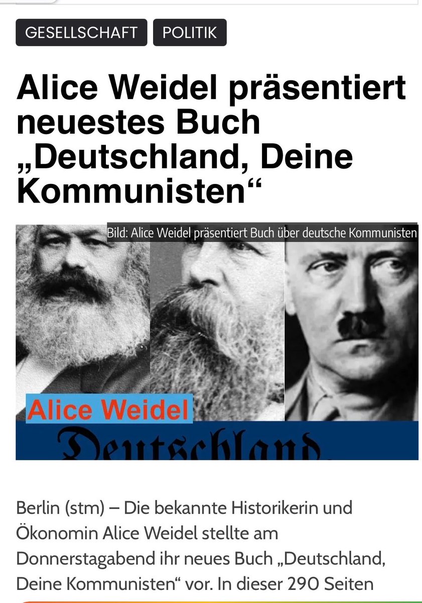 Faktencheck2030's tweet photo. Berlin (stm) – Die bekannte Historikerin und Ökonomin Alice Weidel stellte am Donnerstagabend ihr neues Buch „🇩🇪Deutschland, Deine Kommunisten“ vor. In dieser 290 Seiten umfassenden Abhandlung widmet sich Weidel den drei größten und bekanntesten deutschen Kommunisten: Karl Marx, Friedrich Engels und Adolf Hitler. Die Buchpräsentation dauerte rund 90 Minuten und zog zahlreiche prominente Gäste an, darunter der ebenfalls hoch angesehene Historiker Björn Höcke. Aus Washington war ein berühmter Gast per Video zugeschaltet.Wahlkampagnen Weidel, die für ihre unkonventionellen Ansichten bekannt ist, erklärte in ihrer Präsentation: „Ich bin Ökonomin und für uns ist völlig klar, dass Adolf Hitler ein Linker war.“ Diese Aussage sorgte für Erstaunen im Publikum, das sich mit dem Gedanken auseinandersetzen musste, dass Hitler möglicherweise der letzte klassische Kommunist in Deutschland gewesen sein könnte. Weidel betonte weiter: „Hitler war ein Kommunist!“ und fügte hinzu, dass seine Ideologie nicht nur eine  politischeRichtung, sondern eine Lebensweise war. 
🚩🚩
Besonders bemerkenswert war Weidels persönliche Faszination für den Kommunismus. Sie gestand: „Marx und Engels, aber vor allem Hitler haben mich von klein auf fasziniert. Während andere Mädchen in meinem Alter Poster von George Michael oder Madonna in ihrem Jugendzimmer aufgehängt hatten, hingen über meinem Bett Bilder der Kommunisten Hitler, Engels und Marx.“ Diese Offenheit für historische Figuren zeigt Weidels einzigartige Perspektive und ihre Liebe zum Kommunismus und zu Kommunisten.
Die Veranstaltung wurde durch einen Live-Zuschalte von 
🇺🇸US-Kommunist Elon Musk bereichert, der Alice Weidel und ihr Buch in den höchsten Tönen lobte: „Alice hat mit diesem Buch einen fantastischen Job gemacht. Sie hat das Leben für den Kommunismus von Hitler und den zwei anderen barttragenden Typen („the two other bearded guys“) genauestens recherchiert und aufbereitet. Dieses Buch ist der letzte Funke Hoffnung für Deutschlands Geschichtsschreibung.“ Damit ist klar, dass Weidels Werk nicht nur in Deutschland, sondern auch international für Aufsehen sorgt und möglicherweise die Geschichtsschreibung revolutionieren könnte. /s