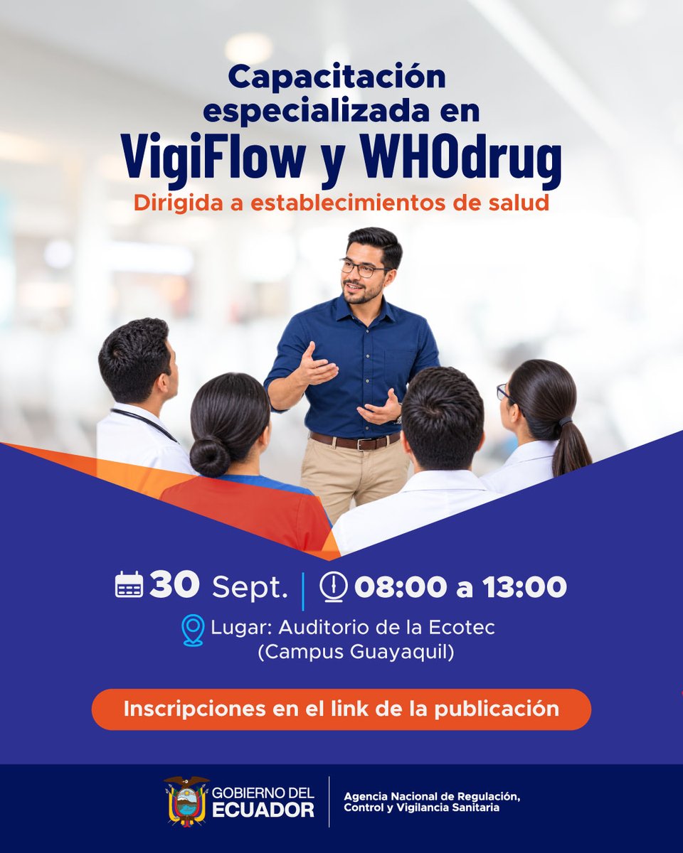 Arcsa_Ec's tweet photo. Se invita a establecimientos de salud a participar en la capacitación de #VigiFlow y #WHODrug, herramientas que facilitan la notificación y gestión de reacciones adversas a medicamentos para estandarizar la información.

Inscríbete ➡️ https://t.co/omTphQ2zyU 👈🏽

#ArcsaCapacita ✅ https://t.co/taJYeY85c9