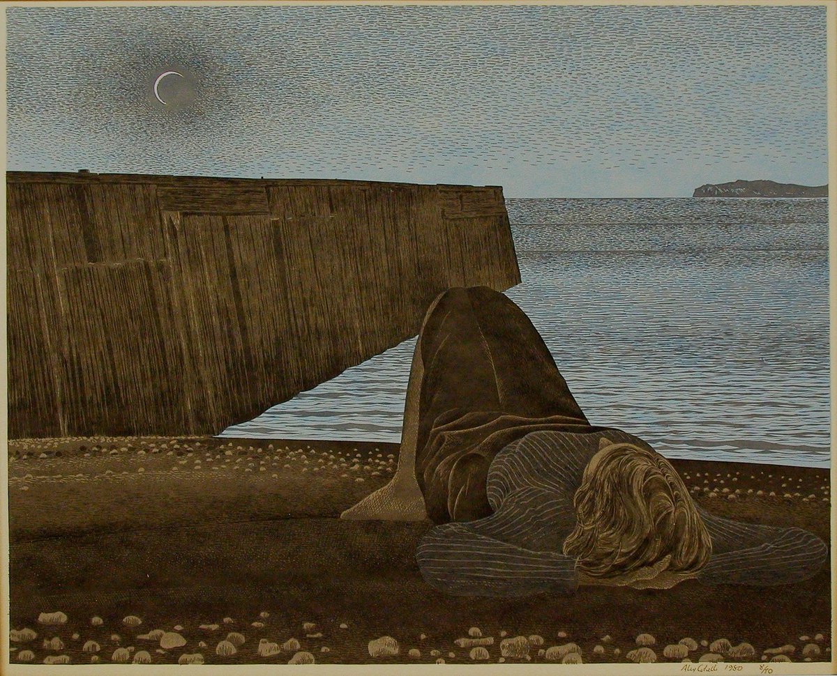 AeonBaudrillard's tweet photo. Alex Colville. A woman that, at first glance, appears as an antediluvian beast staring at the water; plesiosaurid, Sphinx-like. One of his best. https://t.co/O4SWuG9TBb