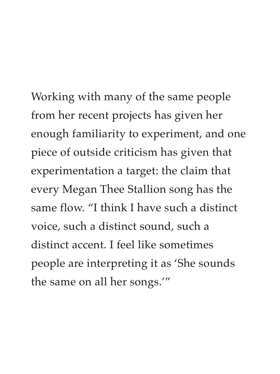 MegansStats's tweet photo. Megan Thee Stallion responds to the critique that she has one flow:

— “‘I think I have such a distinct voice, such a distinct sound, such a distinct accent. I feel like sometimes people are interpreting it as ‘She sounds the same on all her songs.’” https://t.co/YnJ2WNaHNz