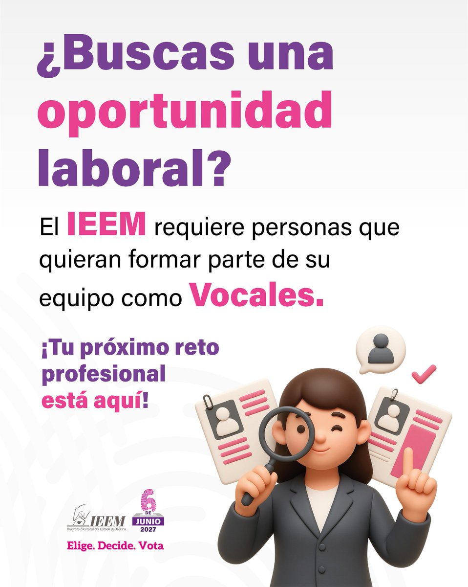 IEEM_MX's tweet photo. ¡Esta oportunidad es para ti!
 
Forma parte del IEEM y da lo mejor de ti en tu municipio o distrito participando como Vocal en la Elección de Diputaciones y Ayuntamientos 2026-2027.

Consulta convocatoria