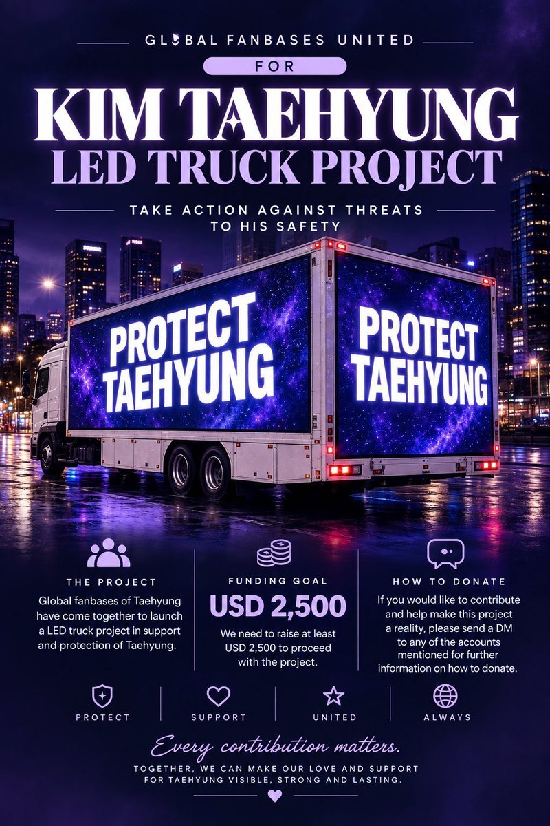 thvnewl's tweet photo. A dream turned into reality 🙏🏼🙌🏼

​Today marks 6 days of fighting tirelessly to make the company and the Korean media highlight what is actually happening, demanding the arrest of these criminals and warning about security for the Latin America concerts

​It all started when I received a DM from a fan who was fighting the exact same battle, asking for help with the LED truck project to drive in front of HYBE

Since that day, we have poured our hearts out and worked non-stop just to get the bare minimum done. Through pure persistence, our efforts finally paid off: Taehyung fanbases joined the effort and helped us complete this mission

​I want to thank every single one of you who stood up for Taehyung from the bottom of my heart. But remember: we cannot stay silent on day 6 or any day after! Every single day we must keep protesting for Taehyung's life and demanding the protection he deserves against these stalkers and threats. We want those responsible behind bars

Official reports have been filed, and the police, alongside lawyers, are already working to trace the IP addresses of these coward accounts

​Do not be silenced

​A very special thank you to my friend and the main pillar of this project, @sumstae_  you are amazing, and I am certain Taehyung would be so immensely proud to have a fan like you

​Thank you everyone! Keep using the tags and raising your voices. Never stay silent in the face of crime

​#ProtectTaehyung #ProtectYourArtist #BIGHITMUSIC #HYBE
