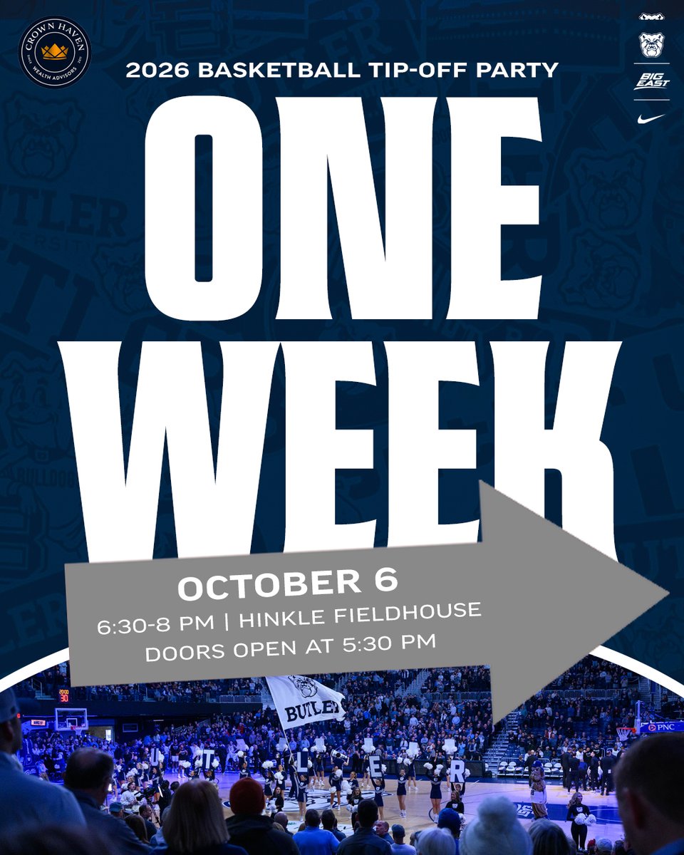 ButlerAthletics's tweet photo. We are ONE WEEK away from the 2026-27 Butler Basketball Tip-Off Party ‼️🐶🏀

➡️ The FREE event is set for October 6 in Hinkle Fieldhouse!

ℹ️ More Info: https://t.co/ntu9xDgCxL
💻 Register Now: https://t.co/vD6vxZtXzo https://t.co/WktohK2l8O