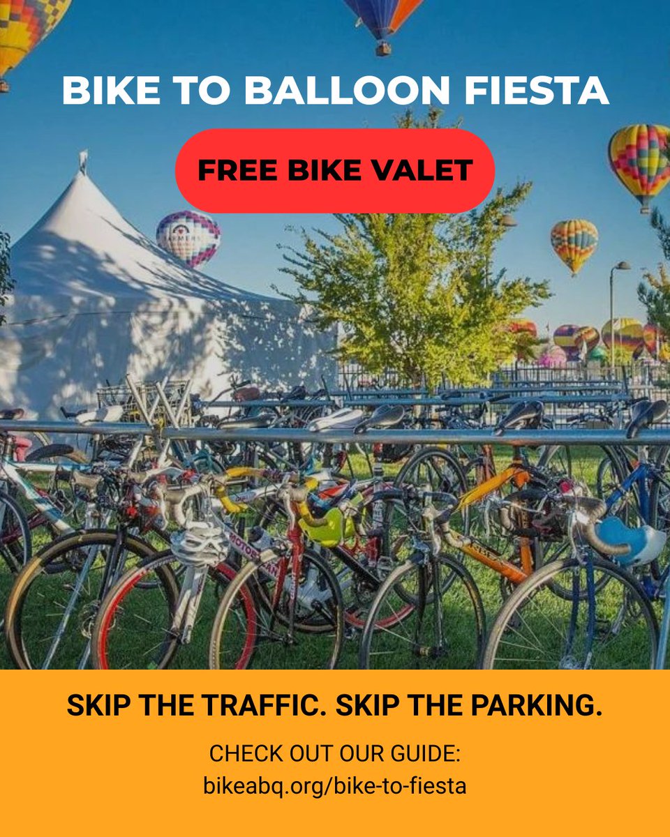 BikeABQ's tweet photo. 🚲 Going to Balloon Fiesta? Leave the car at home.

Balloon Fiesta starts this weekend, and there’s a better way to get there: by bicycle.

Check out BikeABQ’s Guide to Riding Your Bike to Balloon Fiesta for routes, tips, and everything you need to know: https://t.co/W0s8llMYo2 https://t.co/df2zHGGvQp