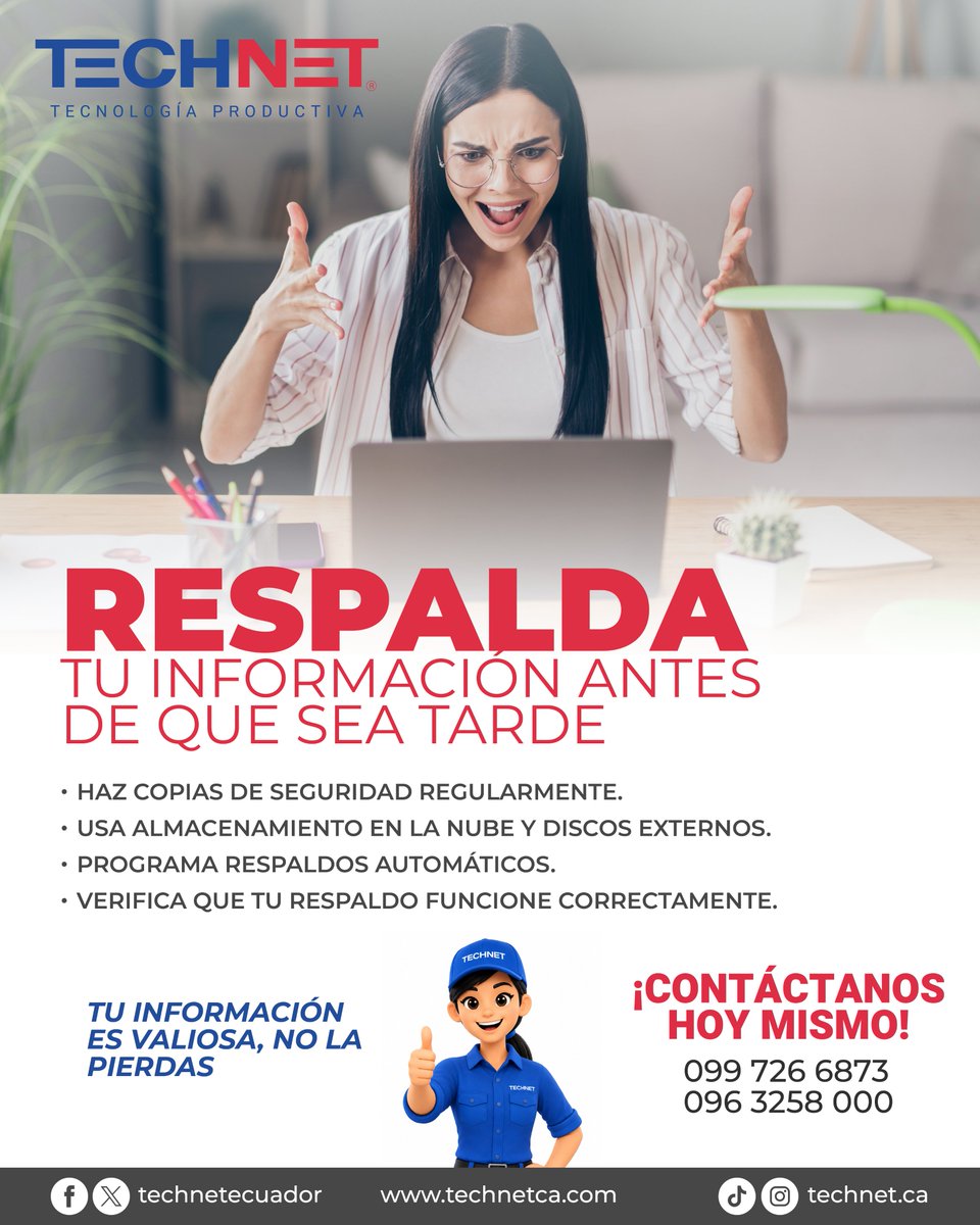 TechNetEcuador's tweet photo. 💾 Tus archivos son importantes. Protégelos con copias de seguridad periódicas y evita que una falla, pérdida o daño de tu equipo se convierta en un problema.

📲 099 726 6873 / 096 3258 000

#Technet #Respaldo #CopiasDeSeguridad #SeguridadInformática #Tecnología https://t.co/tlAjO2OiRf