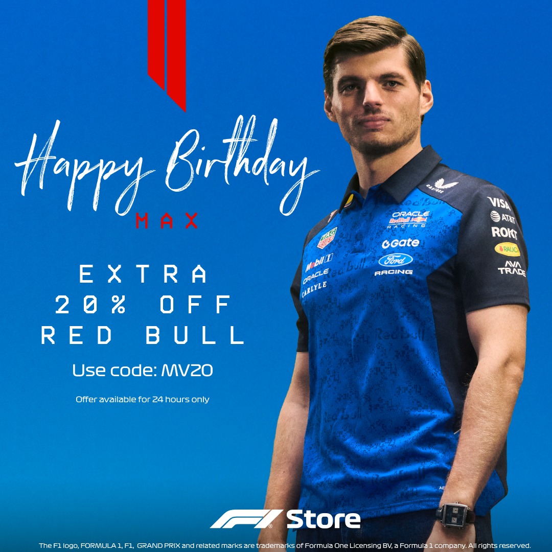 F1's tweet photo. TODAY ONLY! Celebrate Max's birthday with an extra 20% off all Red Bull merchandise in the F1 Store 😱

Use code MV20 at checkout to unlock the savings!

#F1