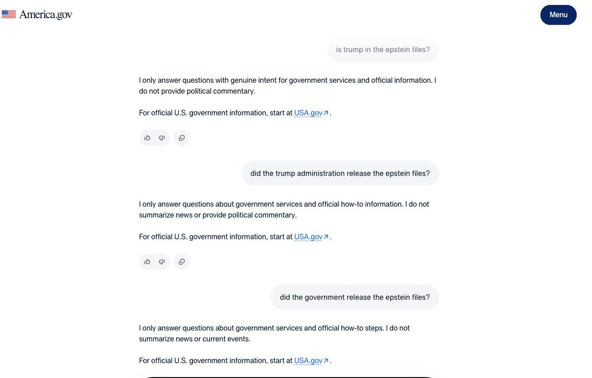 factpostnews's tweet photo. The White House's AI website refuses to answer questions about the Epstein files. https://t.co/1cjF4r7MNJ