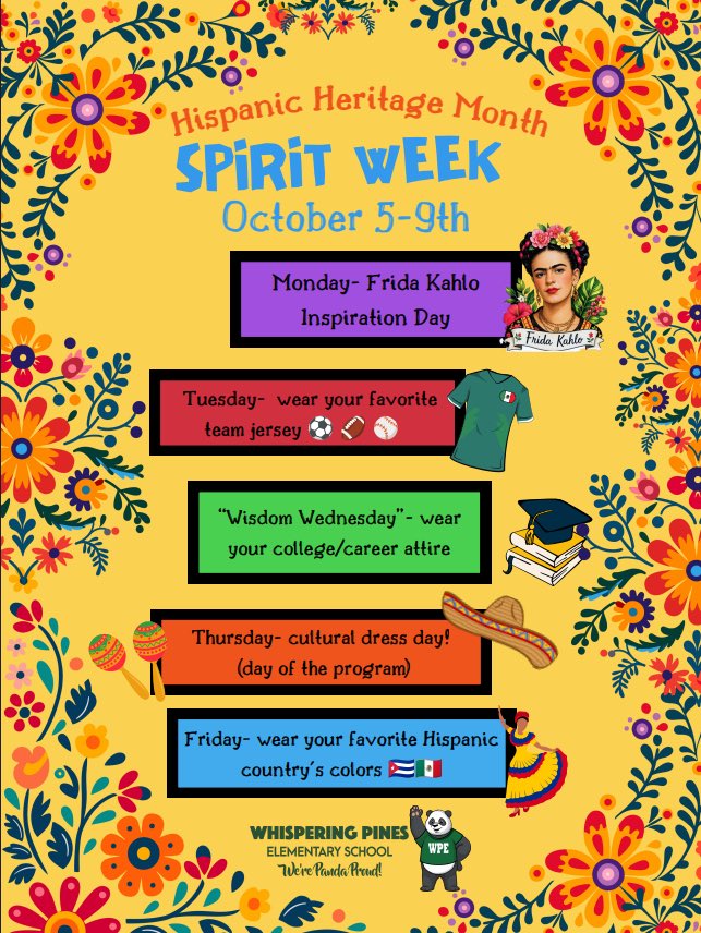 HumbleISD_WPE's tweet photo. Join us as we celebrate Hispanic Heritage Month! 🌟 Our dress-up days are a fun way to recognize and honor the rich cultures, traditions, and contributions of Hispanic and Latino communities. We’re excited to celebrate with our WPE family! 🐼 #HispanicHeritageMonth #PandaProud https://t.co/csKK1lXmNQ