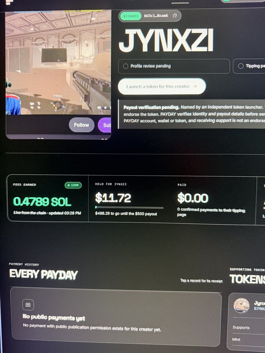 Marco_Smith10's tweet photo. Update: The creator token I launched for @jynxzi has about 0.4 sol in fees earned which can be sent to his creator tip account without him needing to claim. 

Good tech 

Only on $payday https://t.co/OI8jaeuchp