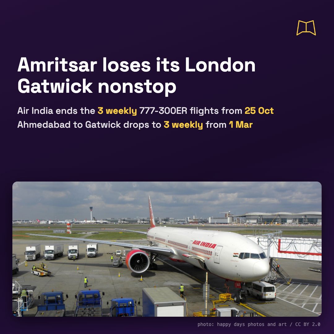 MagnifyClub's tweet photo. Air India is ending its 3 weekly Amritsar to London Gatwick flights from 25 Oct, and Ahmedabad to Gatwick drops to 3 a week from 1 Mar. Delhi does better this winter: Colombo goes 3x daily from 25 Oct and Kuala Lumpur goes twice daily from 2 Nov. https://t.co/nmiGoBnlZo
