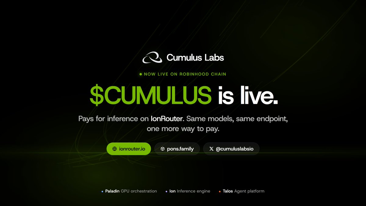CumulusHQ's tweet photo. $CUMULUS is live.

This isn't a token looking for a product. The product shipped first: a GPU fleet, an inference engine, an agent platform, and a public benchmark you can run yourself.

Every $CUMULUS spent on IonRouter buys real compute on real Grace Hopper chips. Usage you can measure, not a roadmap.

Builders: the endpoint is OpenAI-compatible, so your first request is a base URL away.

Traders: read the blog, check the numbers, then decide. We'd rather earn it.

https://t.co/dHNVf3E6ES