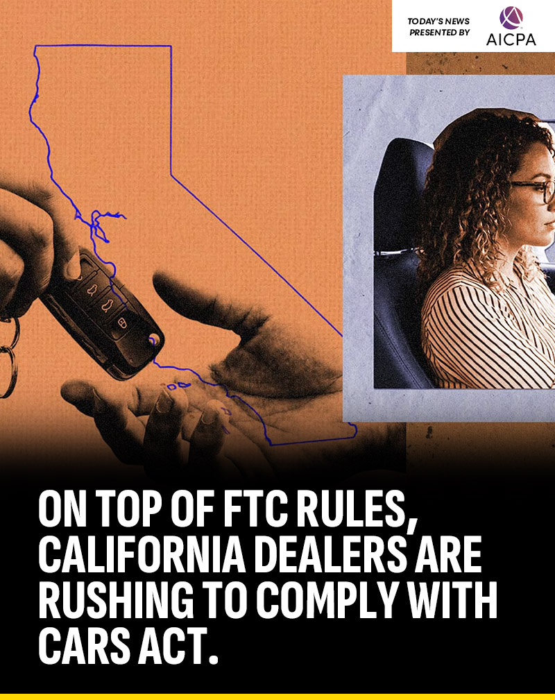 GuyDealership's tweet photo. NEWS | On top of FTC rules, California dealers are rushing to comply with CARS Act:

California's CARS Act takes effect Oct. 1, bringing the most significant change to car sales rules in nearly 20 years.

Dealers must now provide three written disclosures on the first pencil, total walk-out-the-door price, a payment comparison, and an itemized F&I menu, plus keep records of every written communication for two years.

The biggest shift: used vehicles under $50,000 come with a mandatory 3-day return window and a 400-mile limit, with restocking fees capped at $500.

"I would say, in a percentage-wise, half the California dealerships were ready to rock and roll September 1 ... I think the other half kind of waited till the last minute."

Read today's top automotive stories, presented by @AICPA : https://t.co/n8b5X1Pnk1

(Source: CDG Interviews)