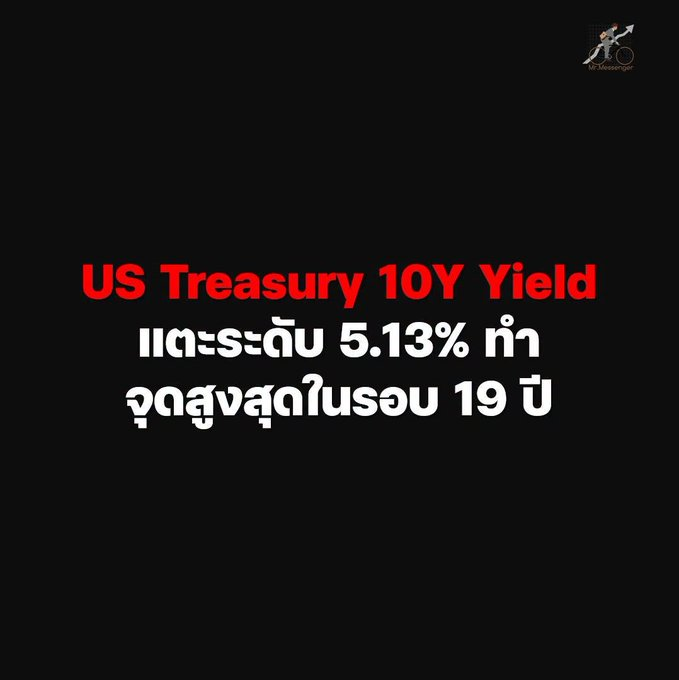 TracyMillett's tweet photo. ผลตอบแทนพันธบัตรรัฐบาลสหรัฐฯ อายุ 10 ปี ขึ้นไปแตะ 5.135% สูงสุดนับตั้งแต่เดือนกรกฎาคม 2007 พูดง่ายๆ คือสูงสุดในรอบเกือบ 19 ปี และเป็นการขยับแรงที่สุดในรอบวันเดียวนับตั้งแต่เดือนเมษายนปีที่แล้ว ผลตามมาคือ Dow Jones ร่วง 352 จุดทันที

ตัวจุดชน���นไม่ได้มาจากเรื่องเดียวครับ ไปดูกัน https://t.co/jT4mkH6eIK