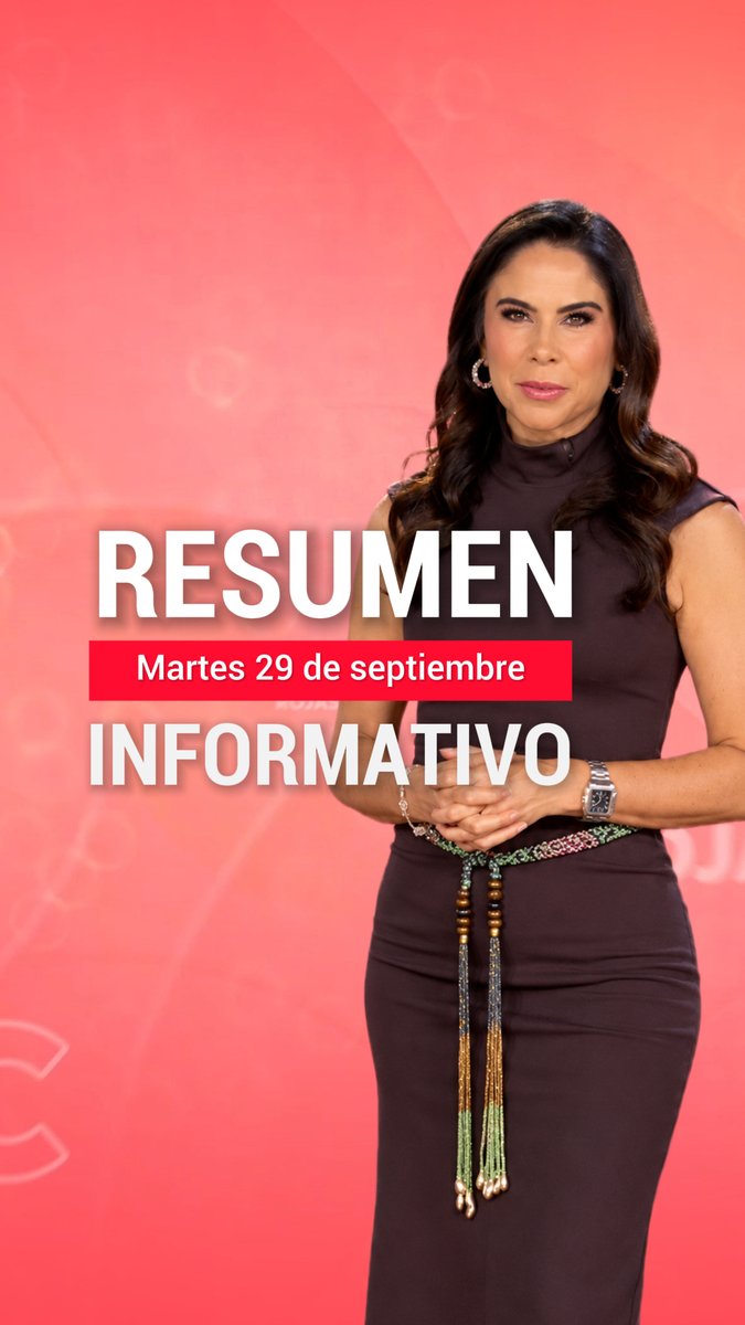 A woman in a dark sleeveless dress with a beaded belt stands against a pink background, with text overlay reading "RESUMEN Martes 29 de septiembre INFORMATIVO." The image serves as the cover graphic for a Spanish-language news summary covering the stories mentioned, including the 43 missing students case, Morena party news, and hurricanes Polo and Rachel.