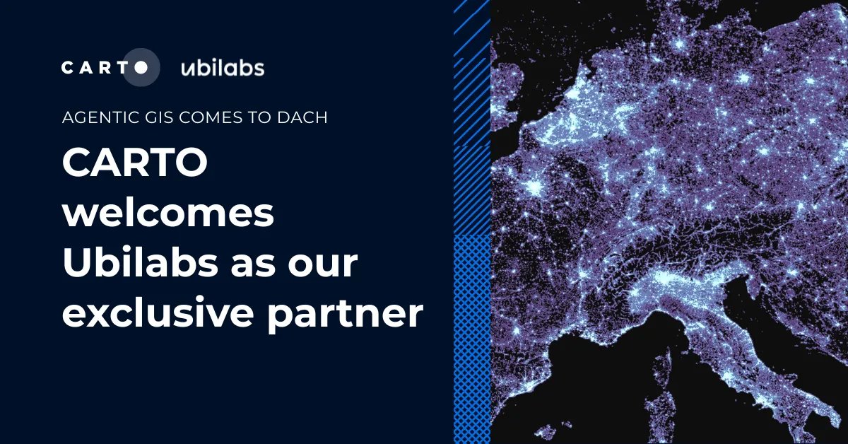 CARTO's tweet photo. @ubilabs is now CARTO’s exclusive partner and reseller for Germany, Austria, and Switzerland. 🇩🇪 🇦🇹 🇨🇭

Together, we’re bringing Agentic GIS and local implementation support to teams across the DACH region.

Learn more:https://t.co/nXn59hzxXj https://t.co/V08VJ4KrGr
