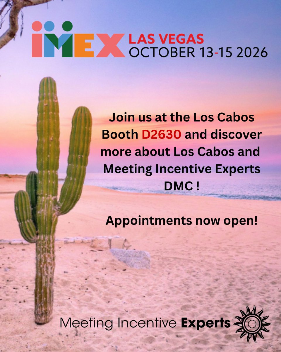 MEXICOEXPERTS's tweet photo. Visit Meeting Incentive Experts DMC in the Los Cabos Booth D2630 and learn how the Baja desert meets the blue Pacific Ocean and the Sea of Cortez. Make your appointment here: https://t.co/hpHFDnu8Eo #MPI #SITE #FICP #IRF #MeetingIncentiveExperts #mexico #imex2026 #loscabos #baja https://t.co/6IJbEVQEyV