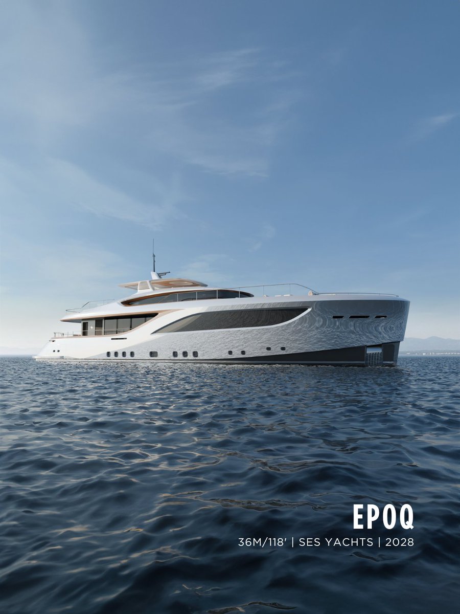 OCyachts's tweet photo. EPOQ is the first model in a new series of gentleman's motor yachts from SES Yachts.

Designed by Sturge & Toth and engineered by Van Oossanen Naval Architects, the 36m tri-deck has only limited engineering remaining before steel cutting begins. Her interior remains open to a Buyer's requirements, with the opportunity to customise accommodation and finish from an early stage.

She features a raised pilothouse, expansive exterior deck areas and a wintergarden aft on the main deck, with a clear separation of guest and crew areas.

Asking price is EUR 19,950,000.
🔗 https://t.co/WsFZzySezY