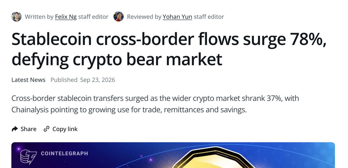 paddi_hansen's tweet photo. Stablecoin utility is increasingly decoupling from broader crypto markets 👇

Acc to @chainalysis , cross-border stablecoin flows rose 77.5% to $220.3 billion in the 12 months ending June 2026, up from $124.2 billion the year before.

Over the same period, total crypto market cap fell 37% to $ 2.1tn. This divergence is the story here.

Stablecoin utility and usage is real. Stablecoins are increasingly used for payments, trade, remittances, savings and dollar access.