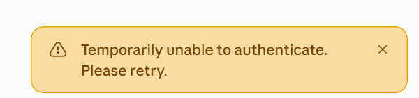gafeemiao's tweet photo. Claude decided authentication is optional today

“Temporarily unable to authenticate. Please retry.”

cool cool cool

anyone else getting this or did I just catch a silent ban? 😭

@claudeai @AnthropicAI https://t.co/lTfCz1JB62