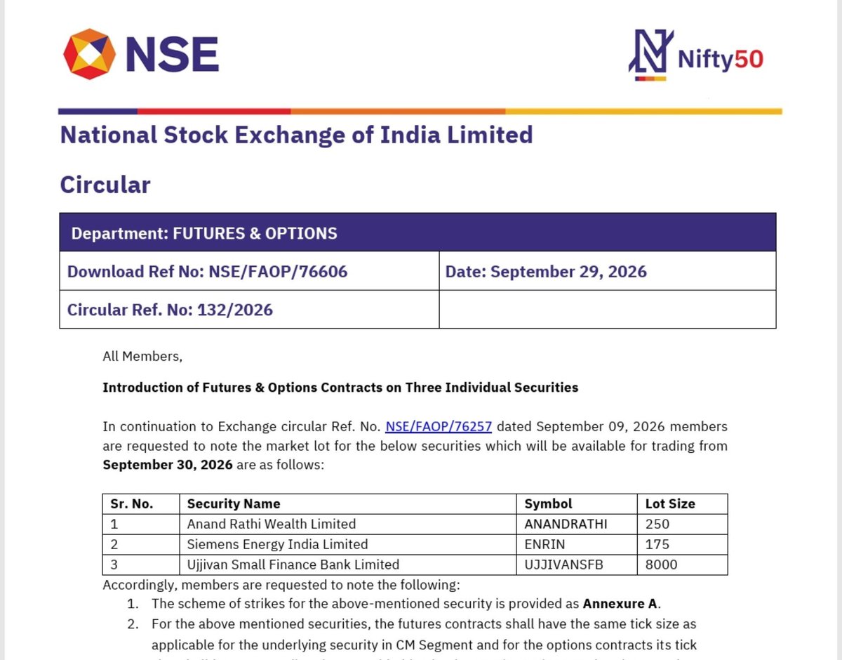 yatinmota's tweet photo. With Reference to earlier circular 

Anand Rathi Wealth

Siemens Energy

Ujjivan SFB

Shall trade in NSE FNO segment https://t.co/7rV3AqDvMu