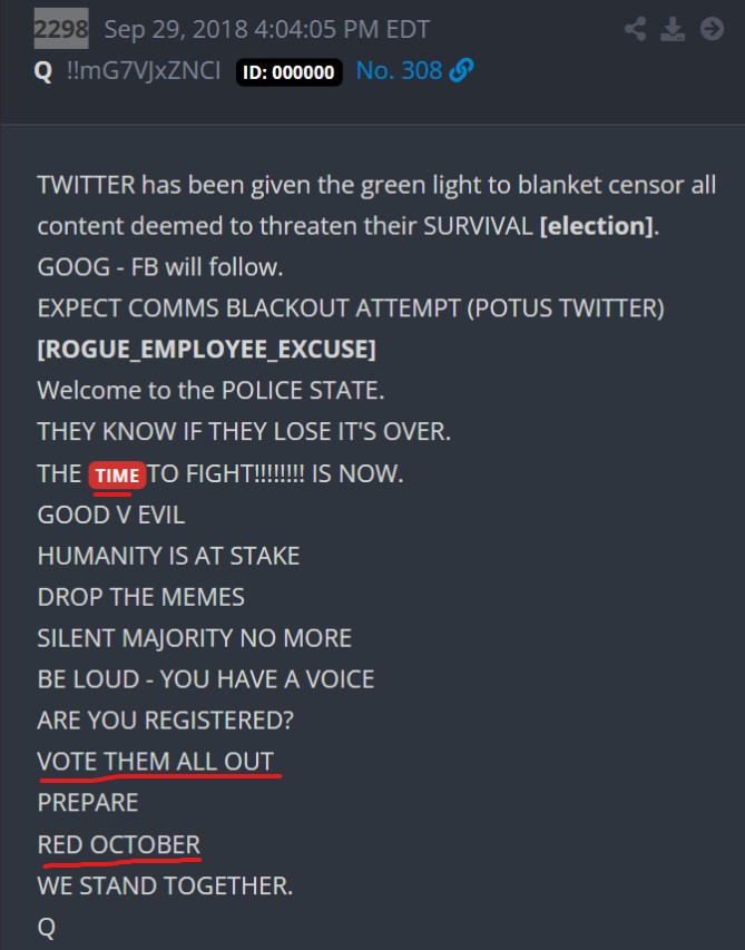 1776Tron's tweet photo. Delta 🔺 9/29/18 | Time ⏰
"launches of all time"
      ⤵️
TWITTER has been given the green light to blanket censor all content deemed to threaten their SURVIVAL [election].
GOOG - FB will follow.
EXPECT COMMS BLACKOUT ATTEMPT (POTUS TWITTER)
[ROGUE_EMPLOYEE_EXCUSE]
Welcome to the POLICE STATE.
THEY KNOW IF THEY LOSE IT'S OVER.
THE TIME TO FIGHT!!!!!!!! IS NOW.
GOOD V EVIL
HUMANITY IS AT STAKE
DROP THE MEMES
SILENT MAJORITY NO MORE
BE LOUD - YOU HAVE A VOICE
ARE YOU REGISTERED?
VOTE THEM ALL OUT
PREPARE
RED OCTOBER
WE STAND TOGETHER.