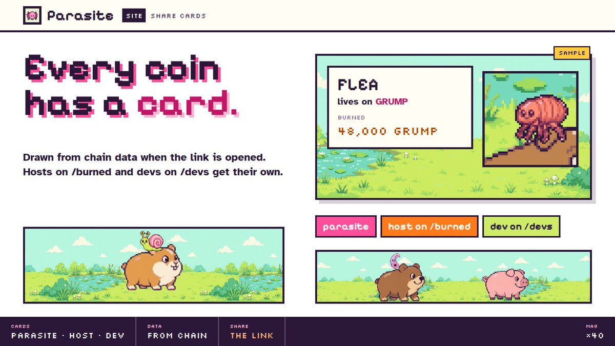parasitedotfun's tweet photo. Every parasite has a share card: its picture, the host it lives on and what it burned, drawn from chain data when the link is opened.

A host's page on /burned and a dev's page on /devs get their own cards too.

Share the link and the card comes with it. https://t.co/PR0EPahjsh