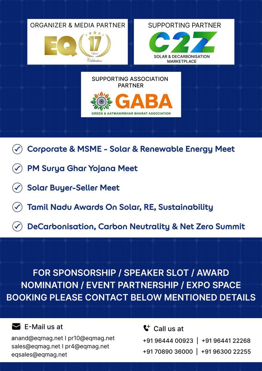 EQMagPro's tweet photo. Chennai 2026 SuryaCon + Solar Expo + Tamil Nadu Annual Solar Awards by EQMag

https://t.co/JUnYPtPnNU

@EQMagPro 

#EQ #Tamilnadu #GlobalSolarExpo #SuryaCon #KusumMeet #Conference #Awards #Sustainability #NetZeroSummit https://t.co/E4t8pnf5ka