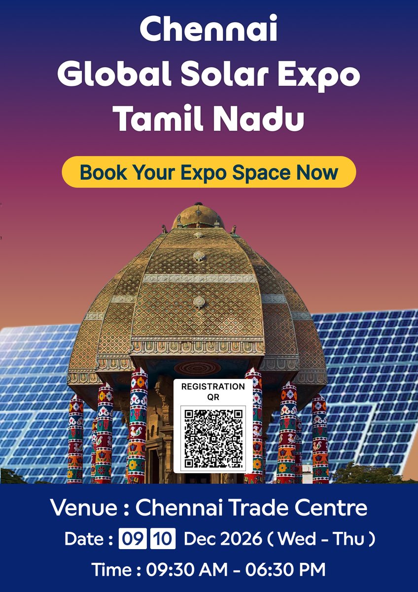 EQMagPro's tweet photo. Chennai 2026 SuryaCon + Solar Expo + Tamil Nadu Annual Solar Awards by EQMag

https://t.co/JUnYPtPnNU

@EQMagPro 

#EQ #Tamilnadu #GlobalSolarExpo #SuryaCon #KusumMeet #Conference #Awards #Sustainability #NetZeroSummit https://t.co/E4t8pnf5ka