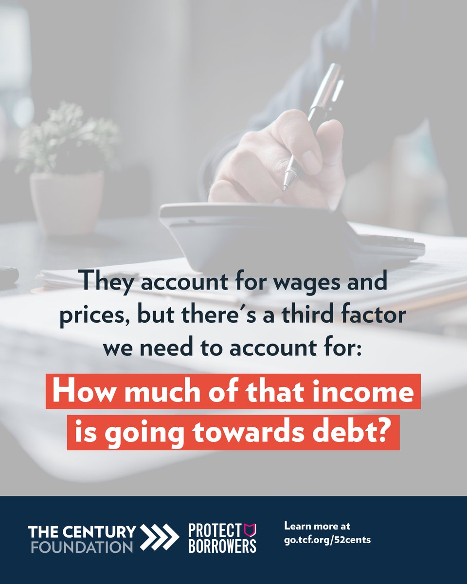 TCFdotorg's tweet photo. Workers are earning more. But more than half of those income gains are being swallowed by debt.

For the typical worker, 52¢ of every $1 of income growth went to debt payments.

A raise isn’t the same as more money to live on. But why? https://t.co/fenmLhAw9j
