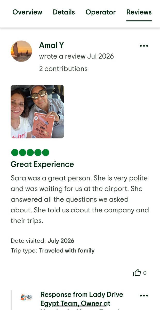 TarekSaaeeed's tweet photo. These reviews mean more to me than numbers ever could. ❤️

Building LadyDrive Egypt has always been about more than transportation. It’s about creating a service where every guest feels safe, comfortable, respected, and genuinely cared for.

Seeing our guests take the time to share these words is a true honor.

Thank you to every guest who trusted us, traveled with us, and shared their experience.

Your trust is the reason we keep moving forward.
https://t.co/DatxKnV7NK

Tarek Saeed
LadyDrive Egypt 
@Safety