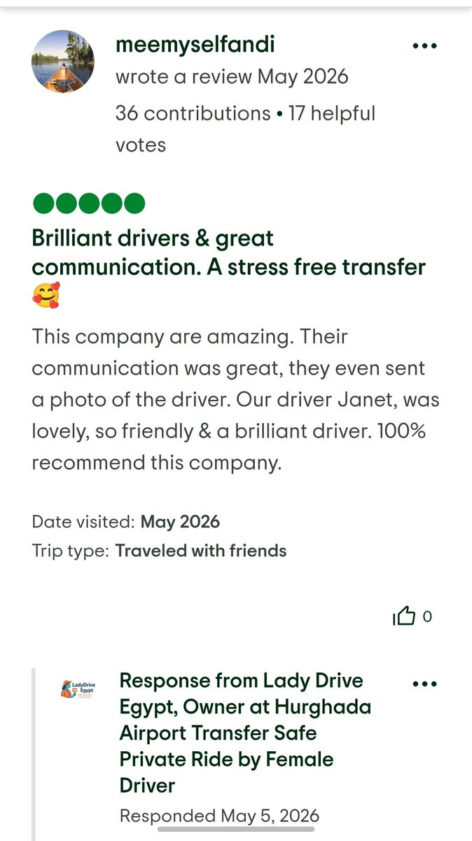 TarekSaaeeed's tweet photo. These reviews mean more to me than numbers ever could. ❤️

Building LadyDrive Egypt has always been about more than transportation. It’s about creating a service where every guest feels safe, comfortable, respected, and genuinely cared for.

Seeing our guests take the time to share these words is a true honor.

Thank you to every guest who trusted us, traveled with us, and shared their experience.

Your trust is the reason we keep moving forward.
https://t.co/DatxKnV7NK

Tarek Saeed
LadyDrive Egypt 
@Safety