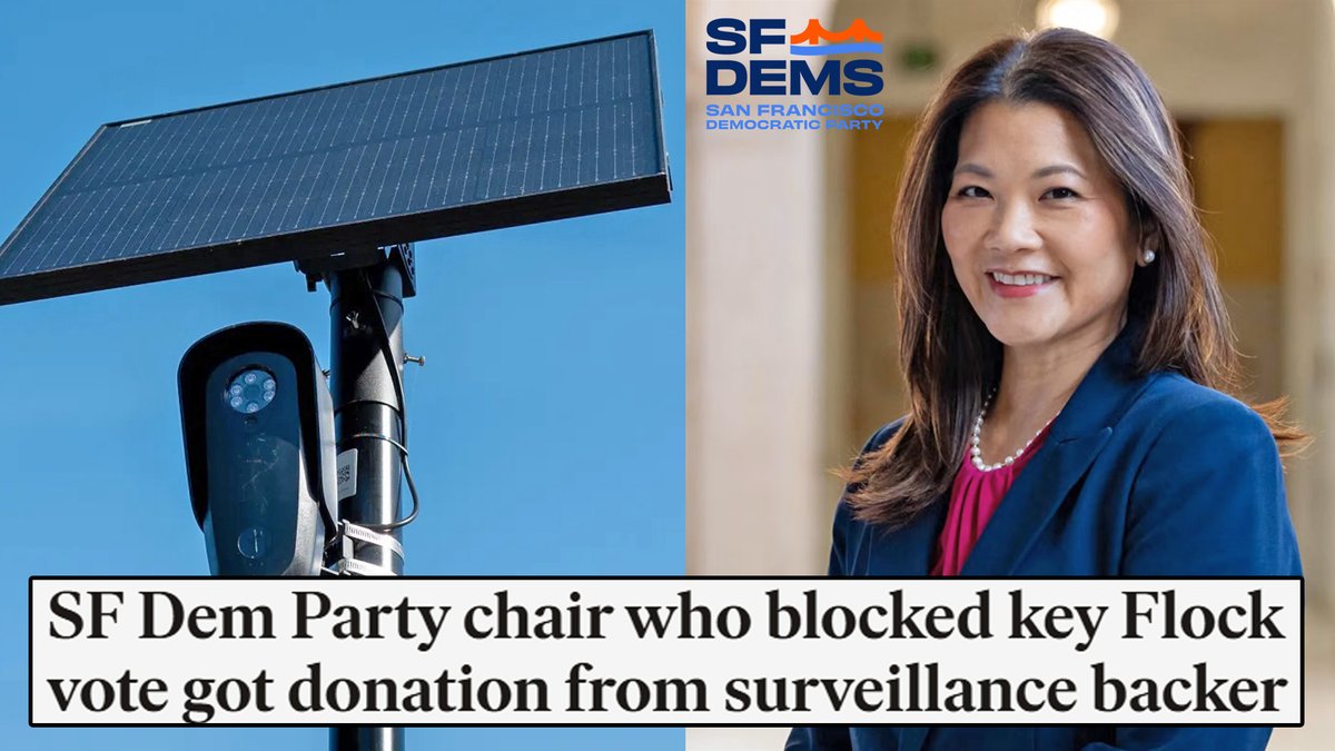 JasonBassler1's tweet photo. Turns out, not only were 2 SF Democratic Party board members who voted against Flock restrictions working for Flock, but the chair Nancy Tung also accepted a $10,000 donation from a Flock aligned donor and even spoke at a "Flock Forward" conference weeks before. 

But sure, it’s about "public safety."