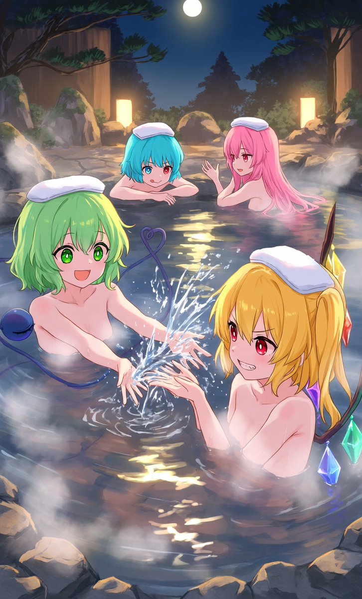 shirasu561's tweet photo. PixAIで温泉を楽しむ4人組を生成しました！
#東方Project #古明地こいし #フランドール #多々良小傘 #秦こころ #PixAI #AIイラスト #AIArt https://t.co/f1lXbMrJ08