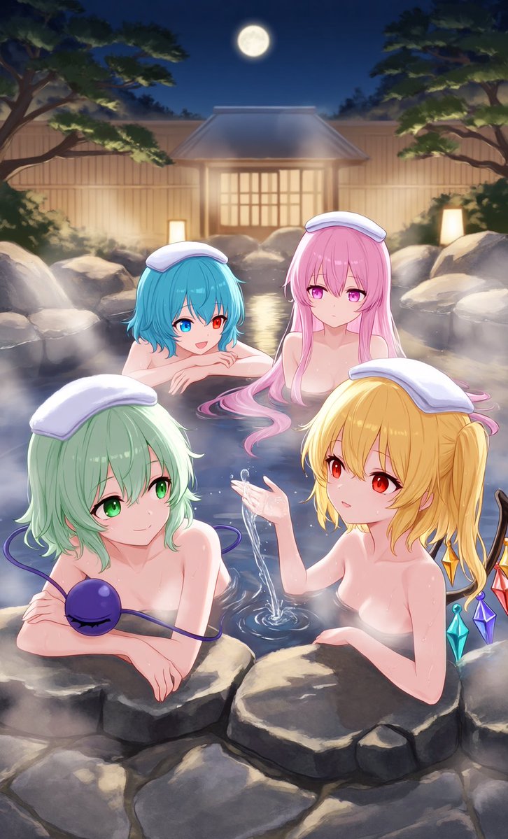 shirasu561's tweet photo. PixAIで温泉を楽しむ4人組を生成しました！
#東方Project #古明地こいし #フランドール #多々良小傘 #秦こころ #PixAI #AIイラスト #AIArt https://t.co/f1lXbMrJ08