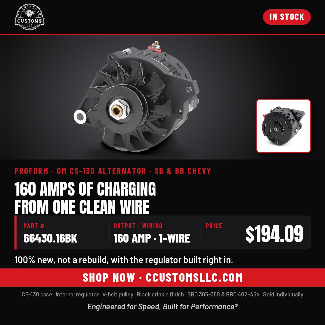 ccustomsllc17's tweet photo. Lights dim every time the fan kicks on? This all-new Proform CS130 makes 160 amps off one clean wire, regulator built in. Made for SB and BB Chevys.
https://t.co/39kx1JyDJ4
#chevy #Proform #smallblock
Engineered for Speed, Built for Performance® https://t.co/7SliEOayqe