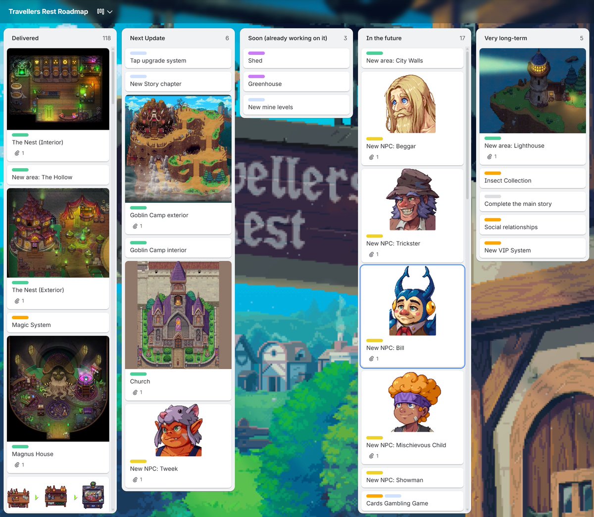 TravRestGame's tweet photo. We've updated our Trello roadmap with new images, and we'll keep adding more content from the upcoming update soon!  #TravellersRest 🍻

https://t.co/XR6u7GRxWH https://t.co/jwydFOHHz5