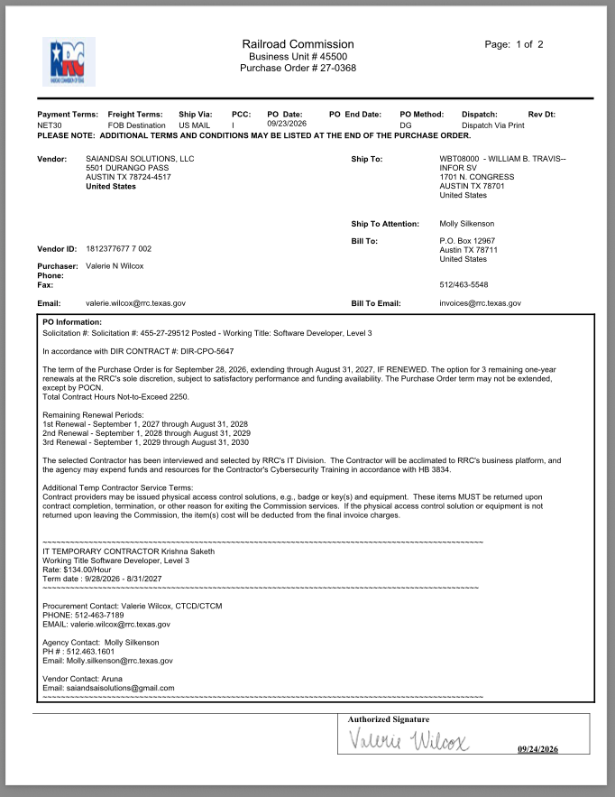 ITContractorsUS's tweet photo. End H1B one job at a time:

"Temporary" Contractor Krishna Saketh just got  a 4-year gig with the Texas Railroad Commission for $134.00 per hour:

Use the Texas Bid Protest process to take it from him:

Contact:
Valerie Wilcox
512 463 7189
Valerie.Wilcox@RRC.Texas.gov

And
Molly Silkenson
512 463 1601
Molly.Silkenson@RRC.Texas.gov

To Protest the award of this contract to SAIANDSAI SOLUTIONS LLC

Note: Vendor does not list phone number. Email is Company Name @ Gmail
Office Address is residential.
Does not answer phone.

@txrrc