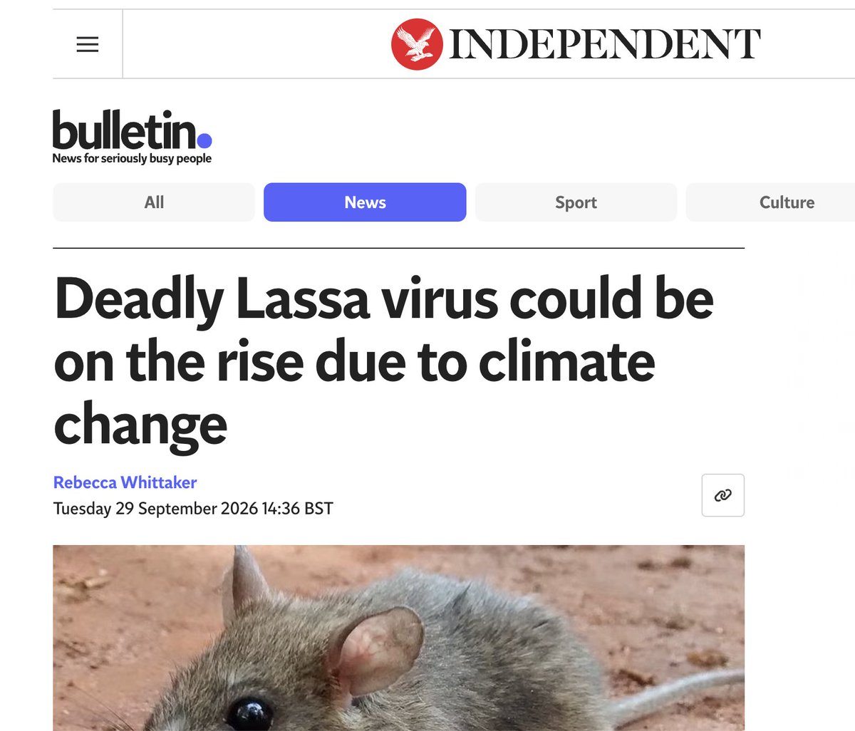 TomANelson's tweet photo. Desperate climate scam propaganda from @Independent:  

Alleged human-induced CO2 increases allegedly cause warmer weather, which allegedly causes wetter weather, which allegedly causes greater food availability, which is allegedly bad because some of that increased food might be eaten by a rat that might give you Lassa virus. 

Science!