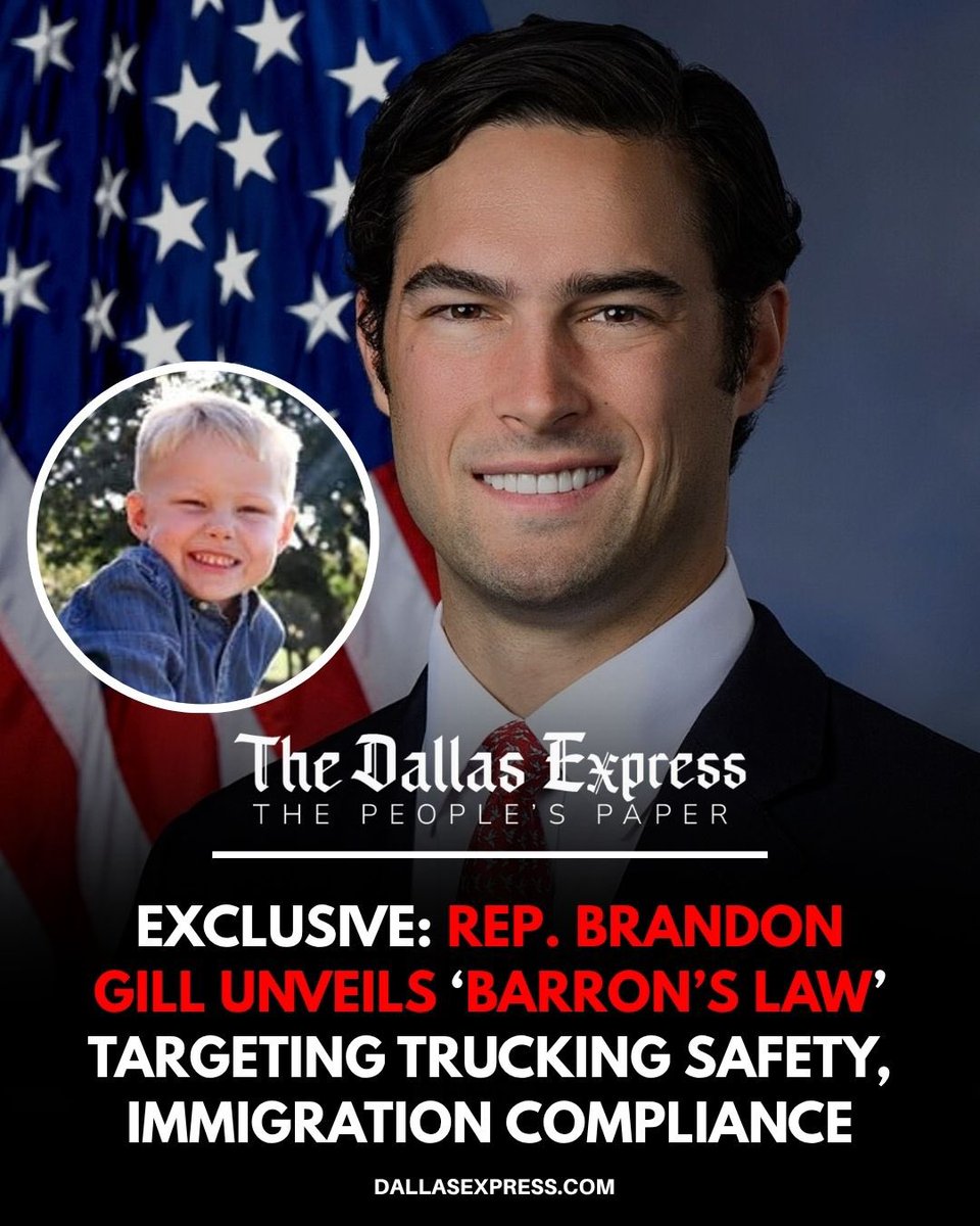 RepBrandonGill's tweet photo. 8-year-old Barron Ritchey was killed when tires flew off a tractor-trailer and struck his family’s SUV.

The driver was an illegal alien who had no business being in our country.

I introduced Barron’s Law to keep illegal aliens and drivers who cannot speak English off our roads, shut down rogue trucking operations that evade our laws, and hold companies accountable for putting Americans in danger.

No family should ever have to suffer what the Ritchey family endured.