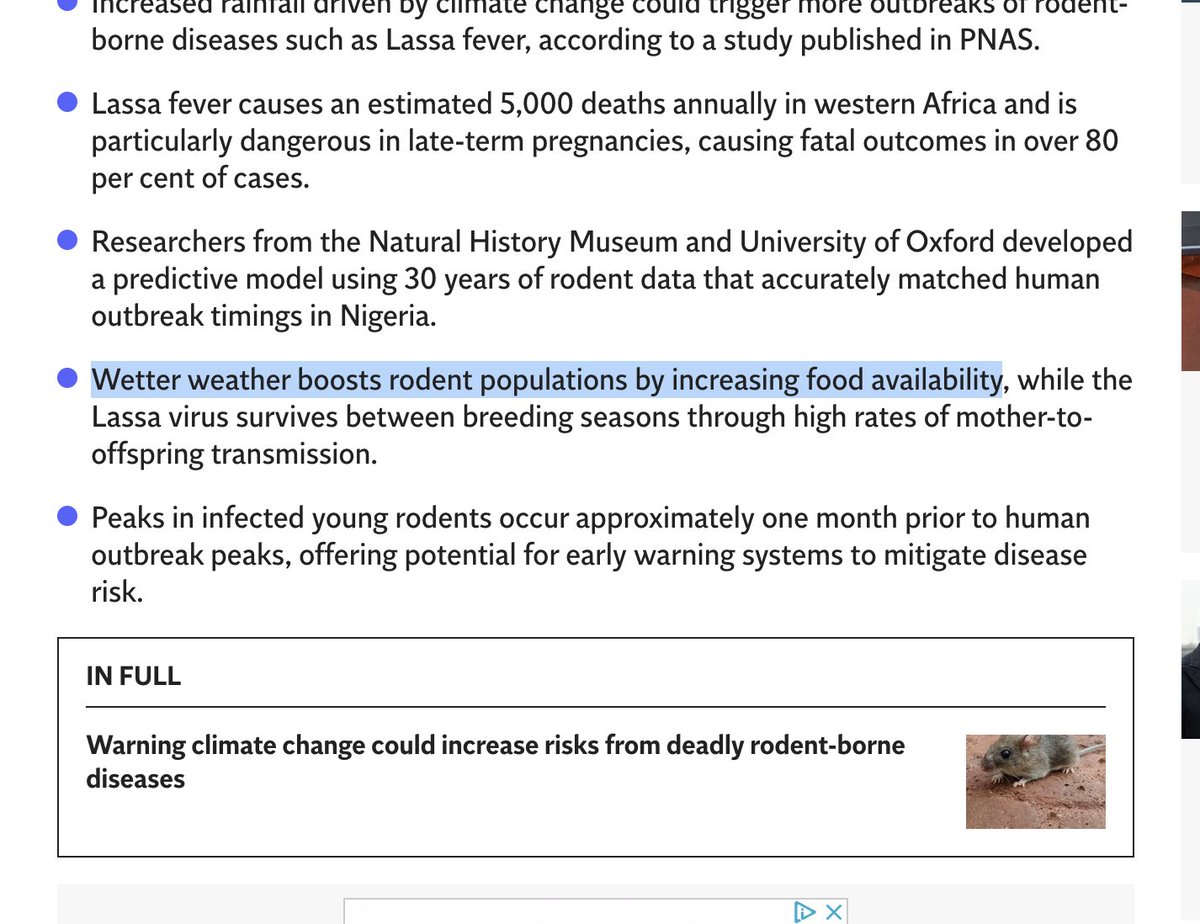 TomANelson's tweet photo. Desperate climate scam propaganda from @Independent:  

Alleged human-induced CO2 increases allegedly cause warmer weather, which allegedly causes wetter weather, which allegedly causes greater food availability, which is allegedly bad because some of that increased food might be eaten by a rat that might give you Lassa virus. 

Science!