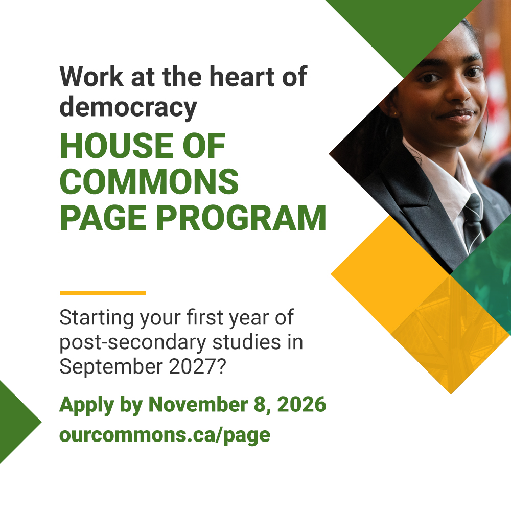 GregMcLeanYYC's tweet photo. Applications now open for first year P-S students to work as Pages on Parl Hill in 2027-28. Must be orally bilingual, start a post-secondary program in National Capital region in Sept 2027, and be Cdn citizen or PR. Apply by Nov 8.
#calgarycentre #yyc #cdnpoli #parliamentarypages https://t.co/r20gBssA3b