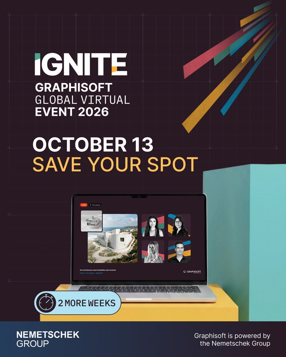 GraphisoftUK's tweet photo. Two weeks until Ignite - Graphisoft Global Virtual Event 2026. The next release, live talks, and previews, all in one stream for architects, designers, and innovators worldwide. Register: https://t.co/JniYtfyVpH https://t.co/t8aW2NMWsd