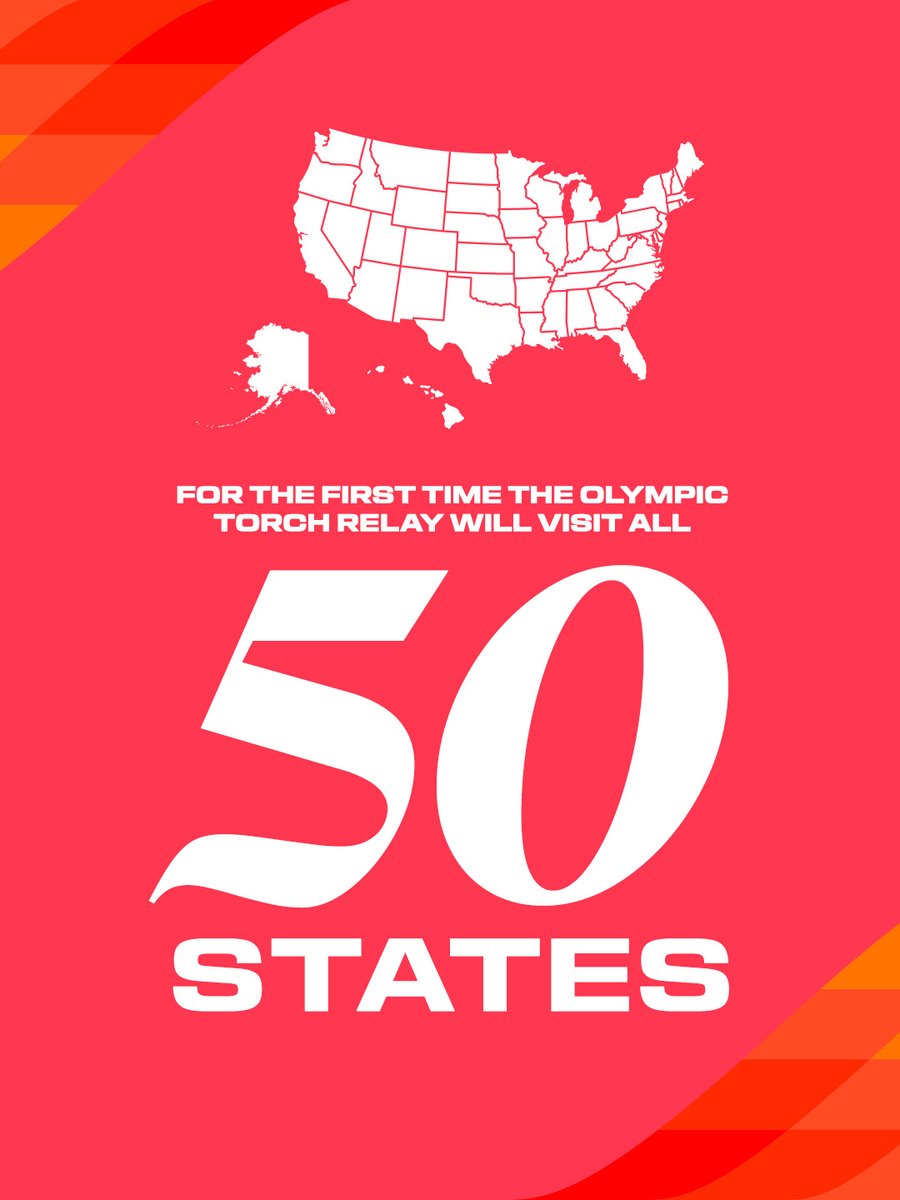 LA28's tweet photo. Are you ready for the next chapter of Torch Relays history? 🔥The Olympic and Paralympic flames are coming back to the United States in 2028 and for the first time, the Olympic Torch Relay will visit all 50 states. Swipe through for a first look at the LA28 Torch Relays and check out the link below to learn more:​
🔗: https://t.co/SMEzLlBUIF