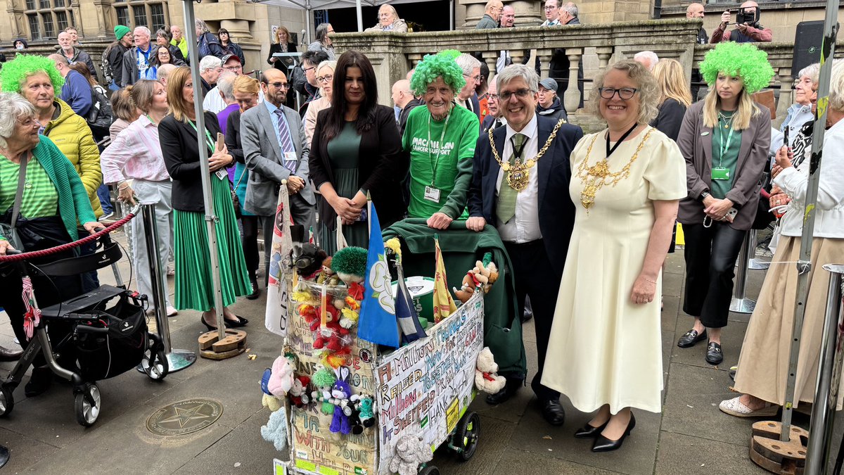 andyksheffield's tweet photo. Sheffield’s ’Man with a Pram’ 87 yr old John Burkhill honoured with a Sheffield Legends Star at Sheffield Town Hall today in front of a huge crowd led by Lord Mayor and civic leaders. John has raised £1.272m for Macmillan Cancer Support walking thousands of miles for the charity https://t.co/FmJMYdjohJ
