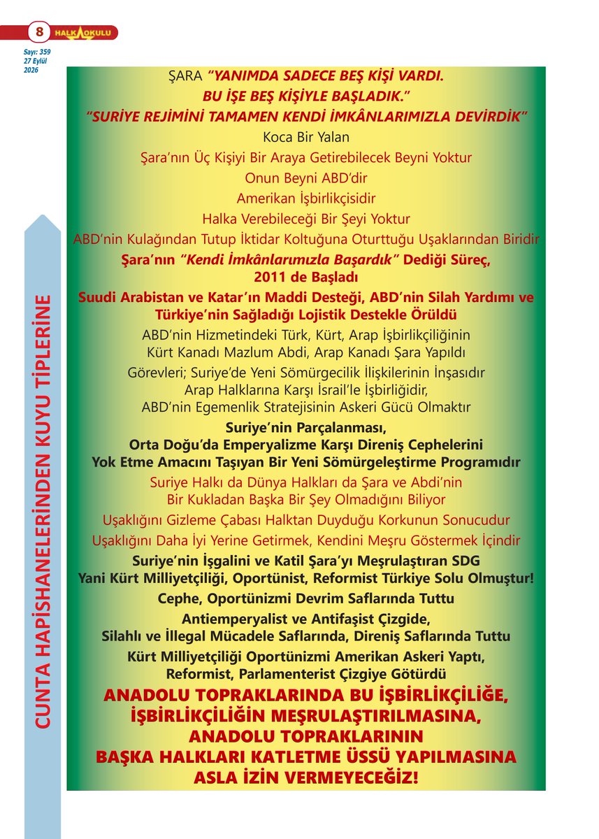 cephehollanda's tweet photo. Halk Okulu'nun 359'uncu sayısı çıktı!

https://t.co/fZeFUrVfJ9

PKK, emperyalizmin Suriye'deki suç ortağı olarak tarihe geçmiştir. Türkiye oportünist ve reformist solu da bu sorumluluğun bir parçası olmuştur!

SURİYE HALKI BU İŞBİRLİKÇİLİĞİN HESABINI BİR GÜN MUTLAKA  SORACAKTIR! https://t.co/HAc2QhSsGi