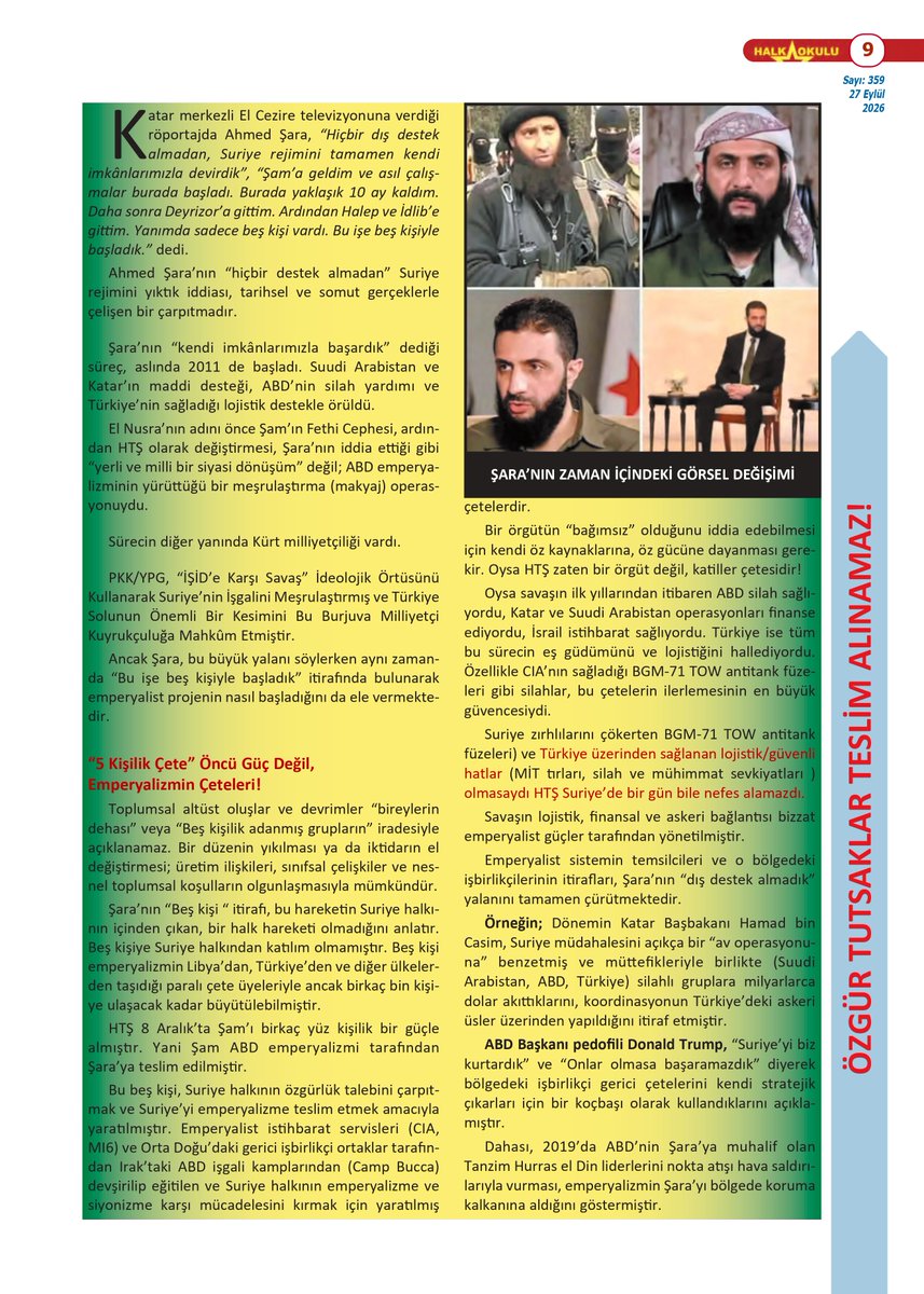 cephehollanda's tweet photo. Halk Okulu'nun 359'uncu sayısı çıktı!

https://t.co/fZeFUrVfJ9

PKK, emperyalizmin Suriye'deki suç ortağı olarak tarihe geçmiştir. Türkiye oportünist ve reformist solu da bu sorumluluğun bir parçası olmuştur!

SURİYE HALKI BU İŞBİRLİKÇİLİĞİN HESABINI BİR GÜN MUTLAKA  SORACAKTIR! https://t.co/HAc2QhSsGi