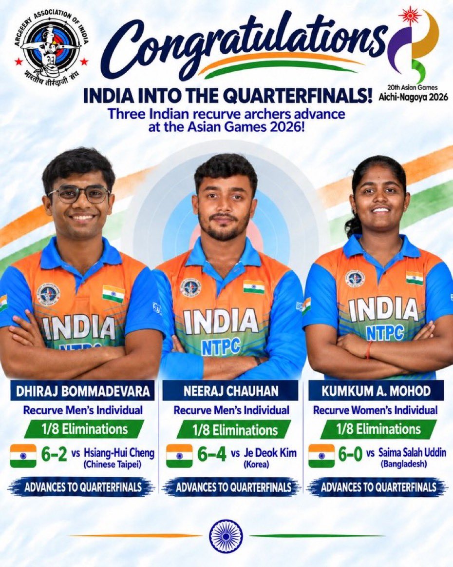 GaganSawhney9's tweet photo. The quarterfinal celebrations continue for Team India! 🇮🇳🏹

Dhiraj Bommadevara, Neeraj Chauhan and Kumkum Anil Mohod have advanced to the Recurve Individual Quarterfinals at the Asian Games 2026. https://t.co/n4nn6Ndg88
