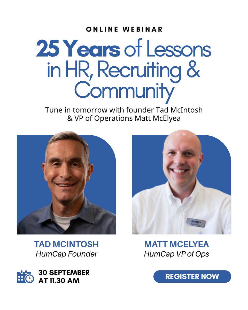 HumCapLP's tweet photo. Tomorrow, HumCap founder Tad McIntosh and VP of Operations Matt McElyea share what 25 years in business has taught them and where HR and recruiting are headed next.

Register here: https://t.co/DYQR28jDB9

#Leadership #HumanResources #Recruiting #HRStrategy #BusinessGrowth https://t.co/T0EohPyqCV