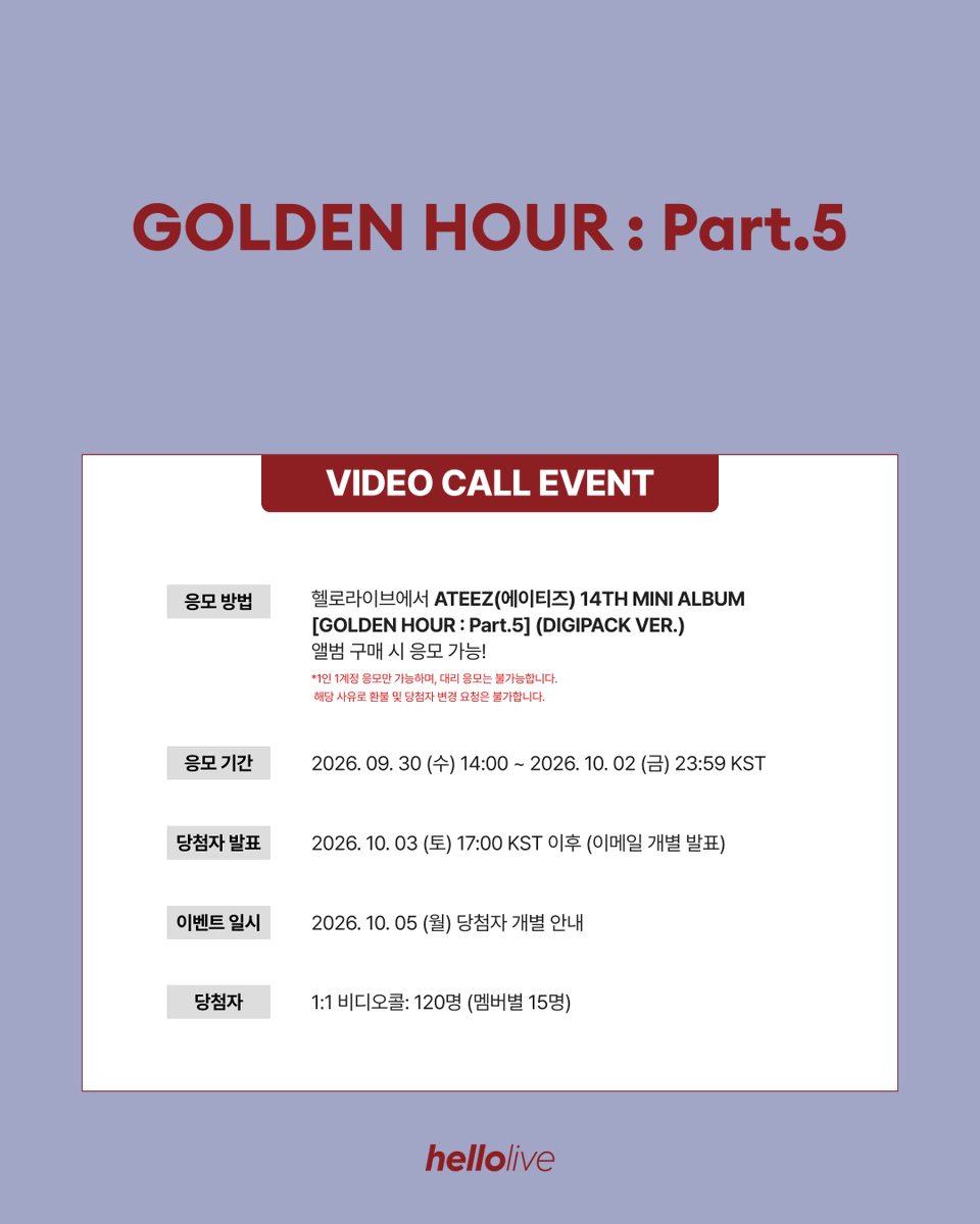 hellolivetv's tweet photo. #hellolive_NEW
ATEEZ(에이티즈) 14TH MINI ALBUM [GOLDEN HOUR : Part.5] 발매기념
🖤VIDEO CALL EVENT🖤

🔔 이벤트 일시 : 10월 5일 (월) 당첨자 개별 안내
🔗 https://t.co/B9xLyzIx7m

🔎 응모자 특전
헬로라이브 단독 셀카 포토카드 🛌포근티즈🥱 ver.

✨ 당첨자 특전
8명 추첨 사인 폴라로이드 1매 증정 !

#ATEEZ #에이티즈
