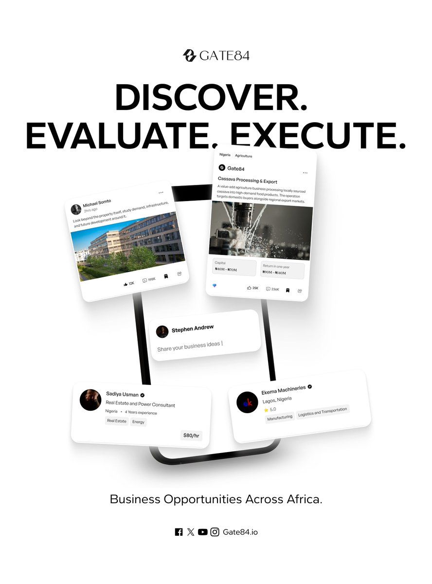 Gate84io's tweet photo. Discover an opportunity.  Evaluate its potential. Execute with purpose. 🚀
That is the mindset.
Gate84 — Business Opportunities across Africa. 🌍

Join the waitlist: https://t.co/SIS2xoorfx 

#Gate84 #Gate84io #BusinessOpportunities #AfricanBusiness #Entrepreneurship #InvestInAfrica